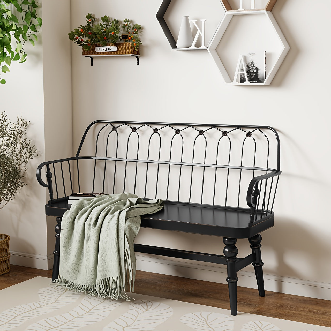 Rustic Farmhouse Entryway Bench with Backrest - Solid Hardwood & MDF Construction, 27" Tall Freestanding Bench with Armrests, Mixed Color Finish for Living Room, Mudroom, Entryway Storage, Entryway Bench, Mudroom Furniture, C