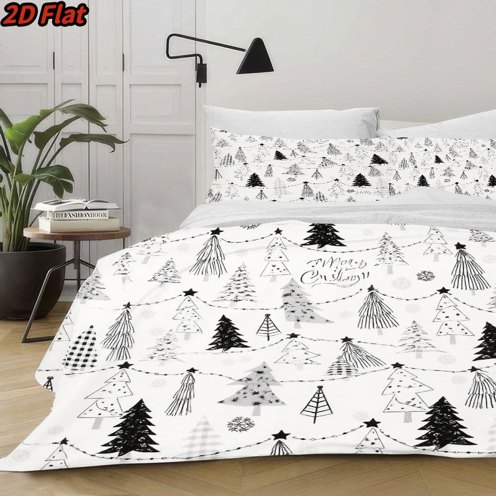 3pcs 2D Flat Christmas Tree Pattern Duvet Cover - Winter Holiday Themed Bedding, Black White Sketch Design, Soft Microfiber Fabric, Zippered Closure, Easy Care Washable Comforter for Bedroom Decor, All-Season 1100% polyester
