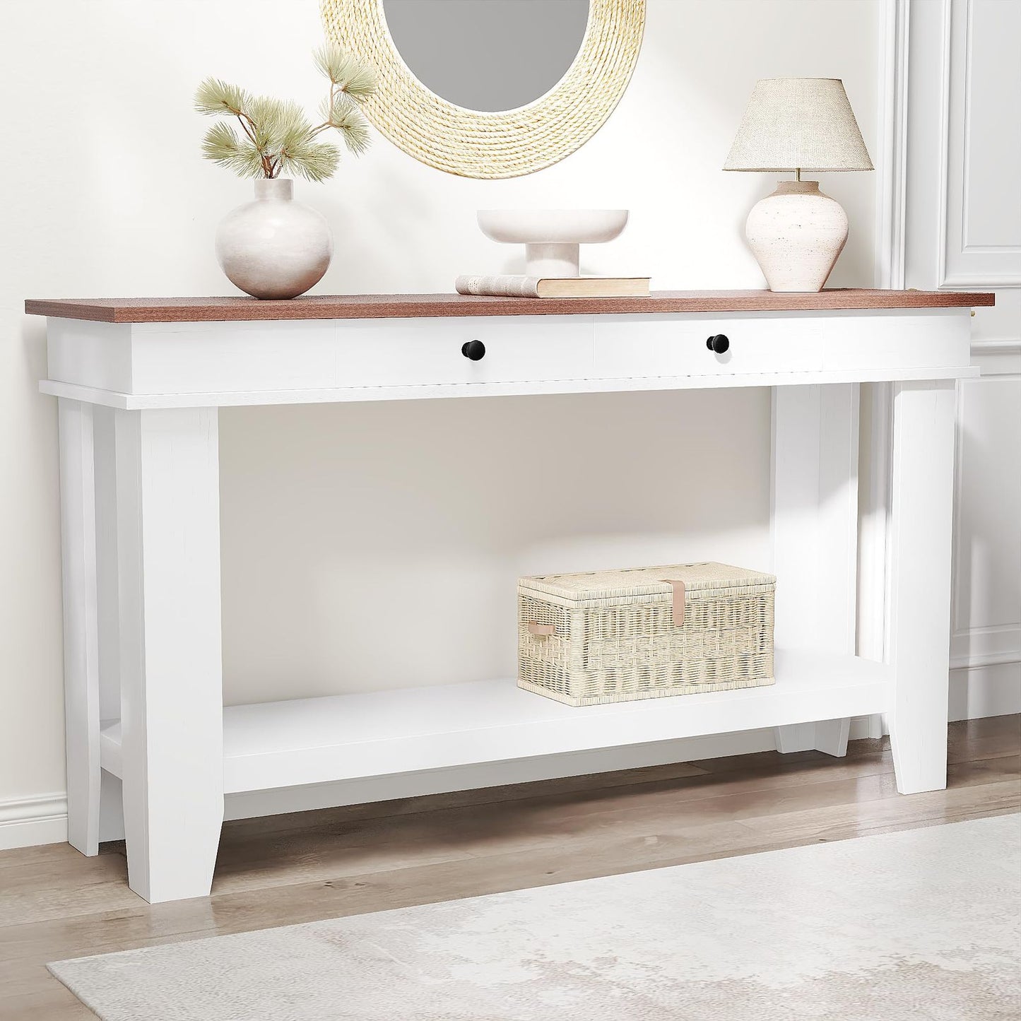 54-Inch Solid/ Console Table with Drawers & Open Shelf - Modern Farmhouse Sofa Table Suitable for Entryway, Hallway, Living Room, Foyer - Sturdy Rectangular Furniture with Ample Storage, Assembly Required for Narrow Spaces