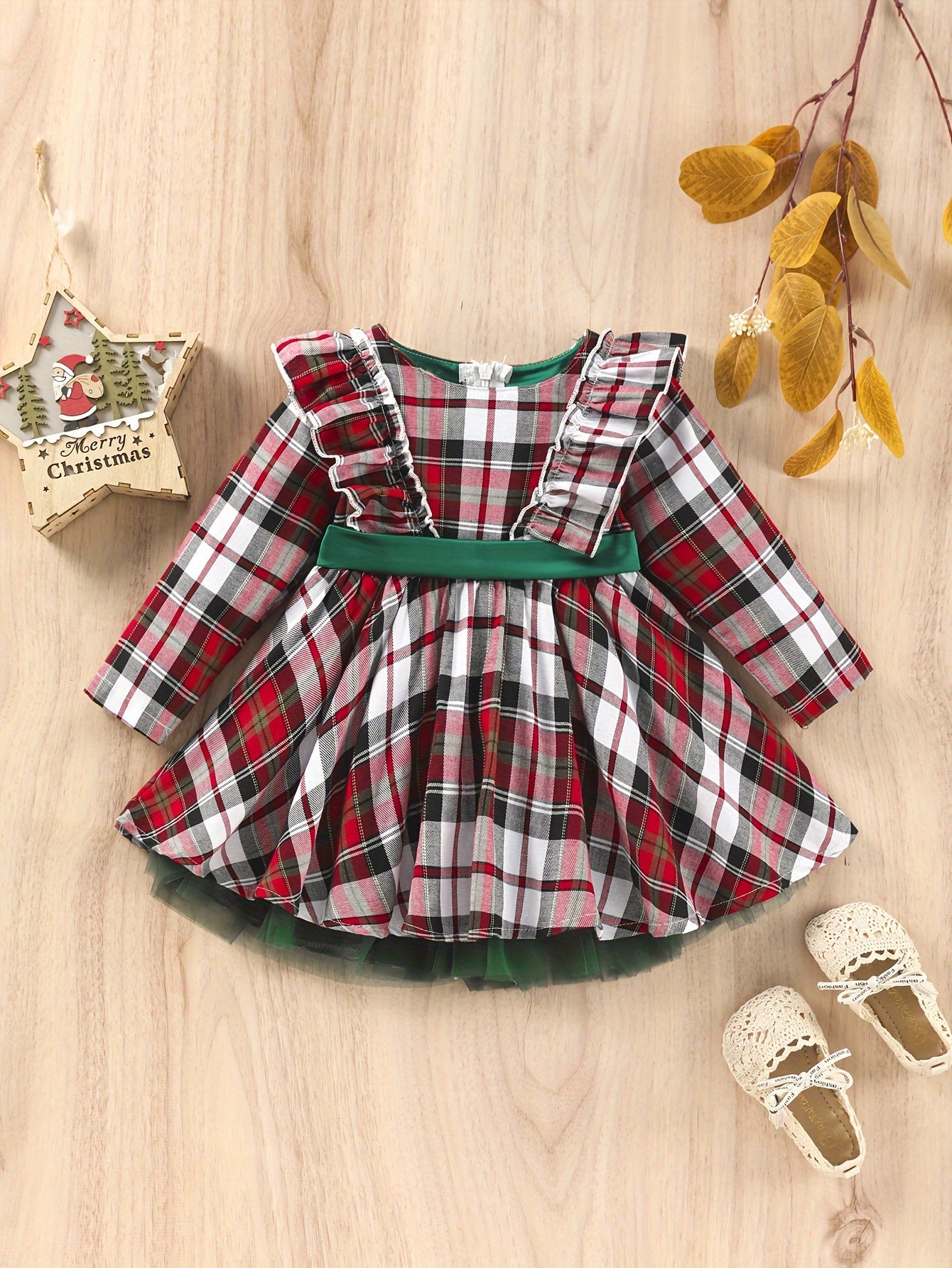Red Plaid Baby Girl Dress with Green Sash & Tulle Skirt, Halloween Christmas Party Outfit for Toddler Photo Shoot