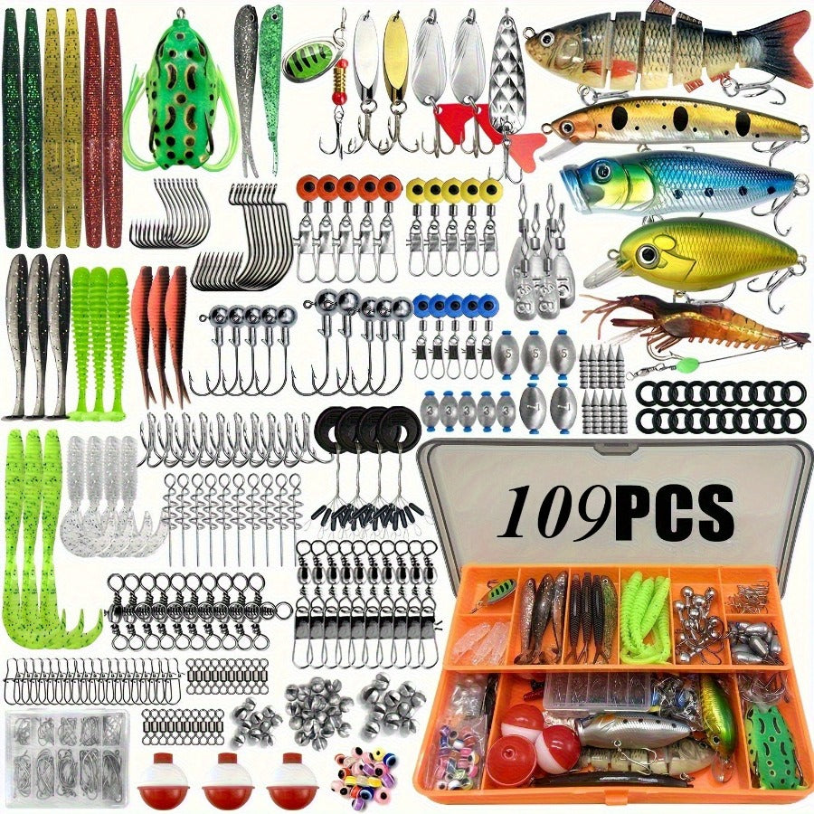 fanyishu Popular - Professional Bass Fishing Lure Set | 109pcs Kit, Includes Treble Hooks, Soft Baits, Plastic Worms, Sinkers, and Fish Hooks Suitable for Saltwater