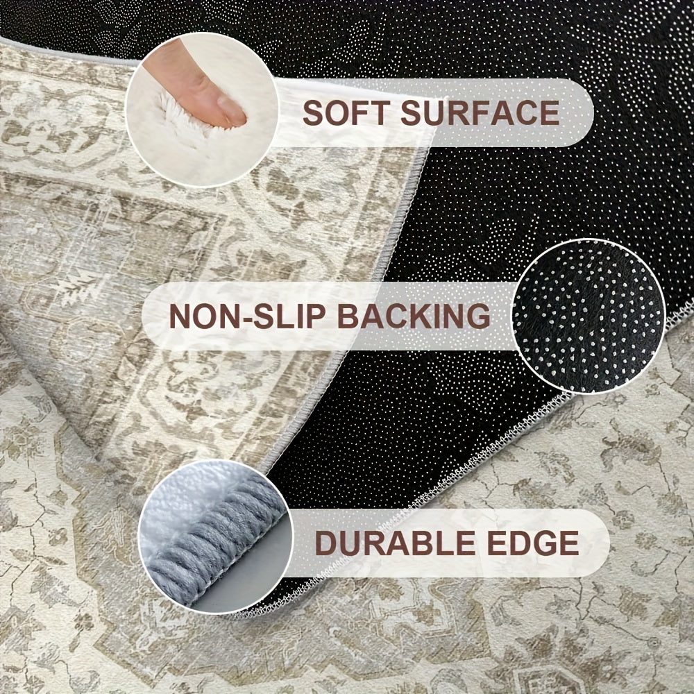 Plush Velvet Floral & Geometric Area Rug - 850 GSM Non-Slip Backing, Machine Washable Polyester - Soft Beige & Cream Design for Living Room, Bedroom, Office - Lightweight Decorative Floor Mat for Game Rooms & Home Decor