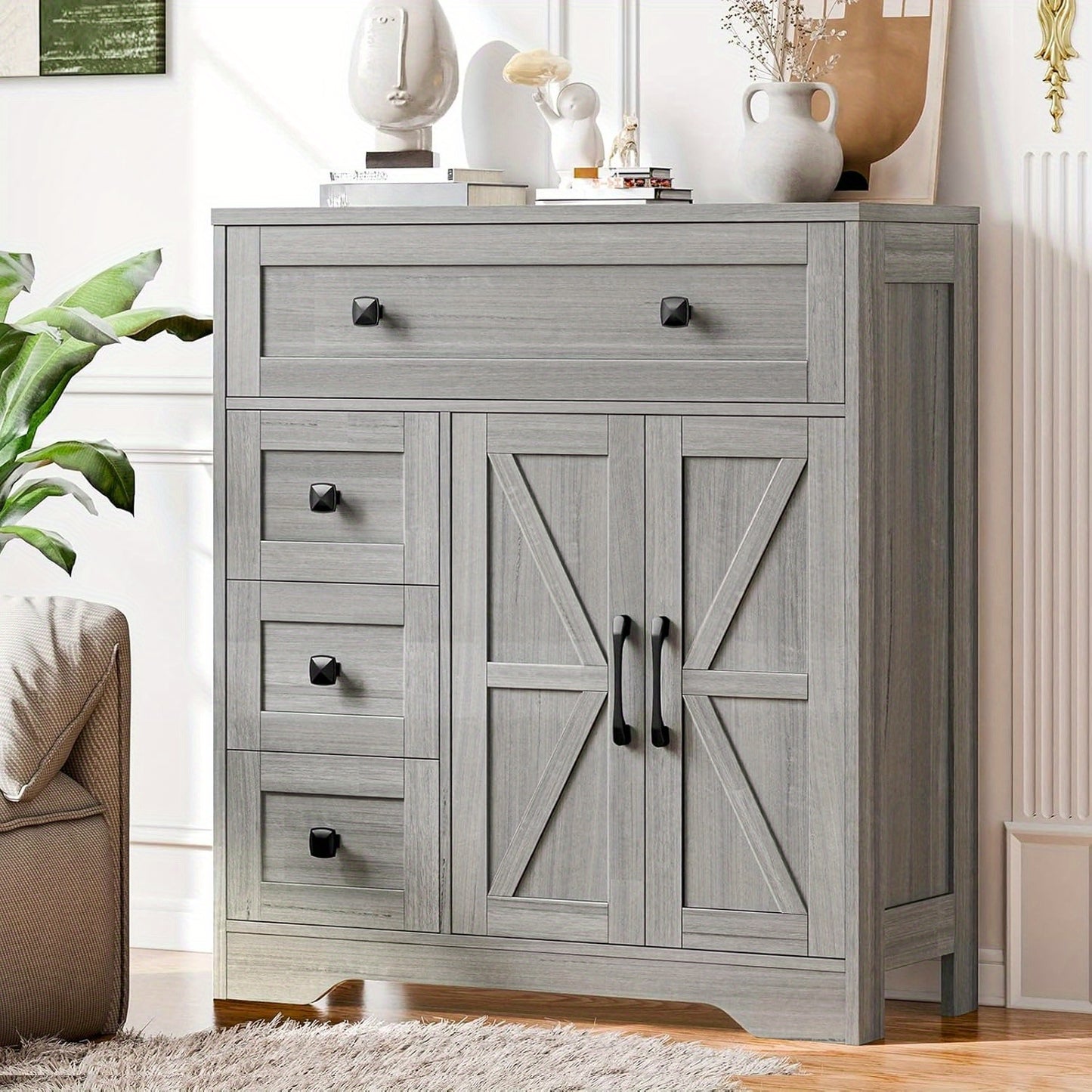 2 Door 4 Drawer Storage Cabinet Freestanding Bathroom Kitchen Organizer with Adjustable Shelves, Multi-Purpose Floor Cupboard for Living Room, Bedroom, Bathroom, Kitchen Pantry - Modern Home Storage Hutch