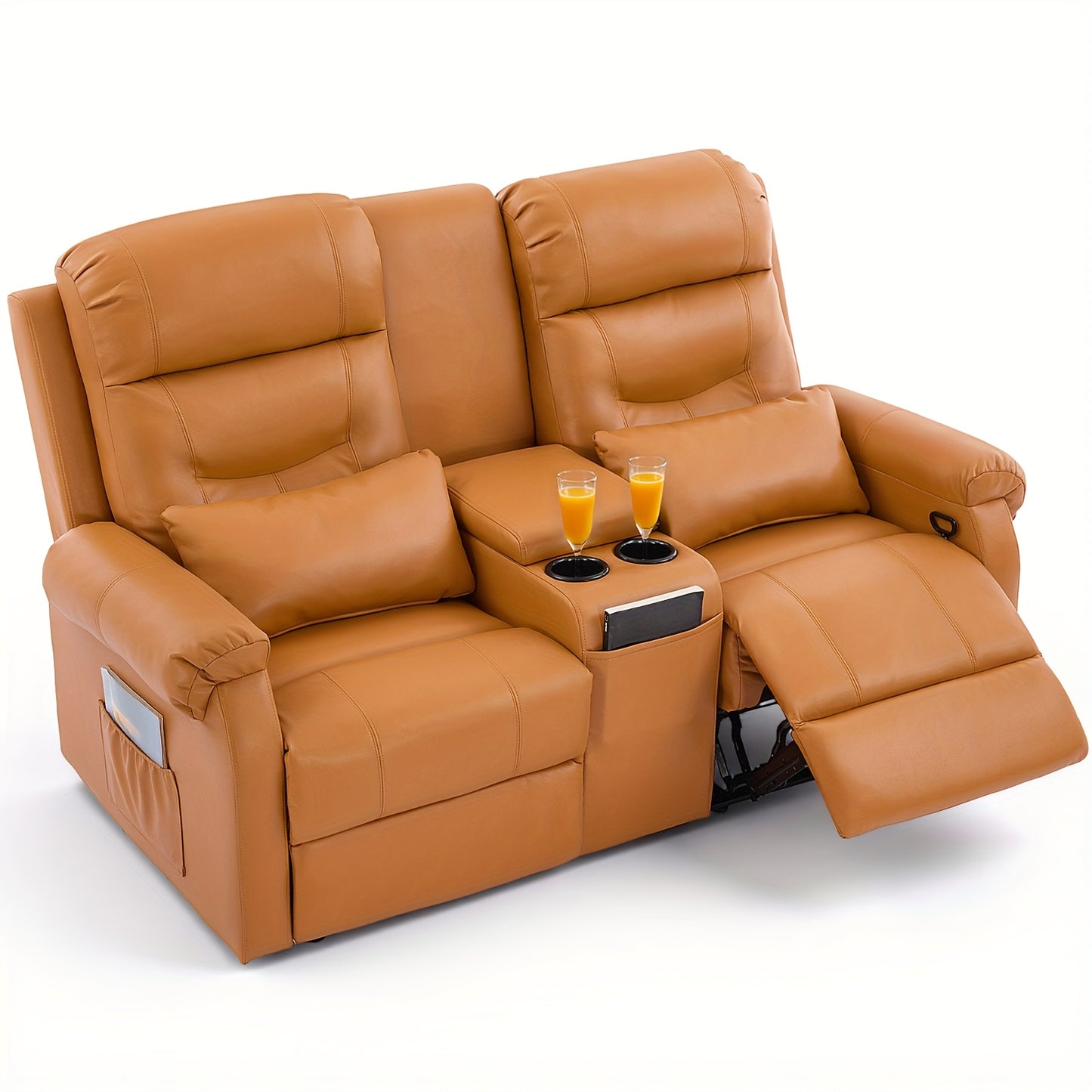 Manual RV Loveseat Recliner | Brown Velvet Cushion-back Sofa with Console, Cup Holders, Pockets for Living Room and Home Theater Seating, Metal Frame, Contemporary Style by VUYUYU
