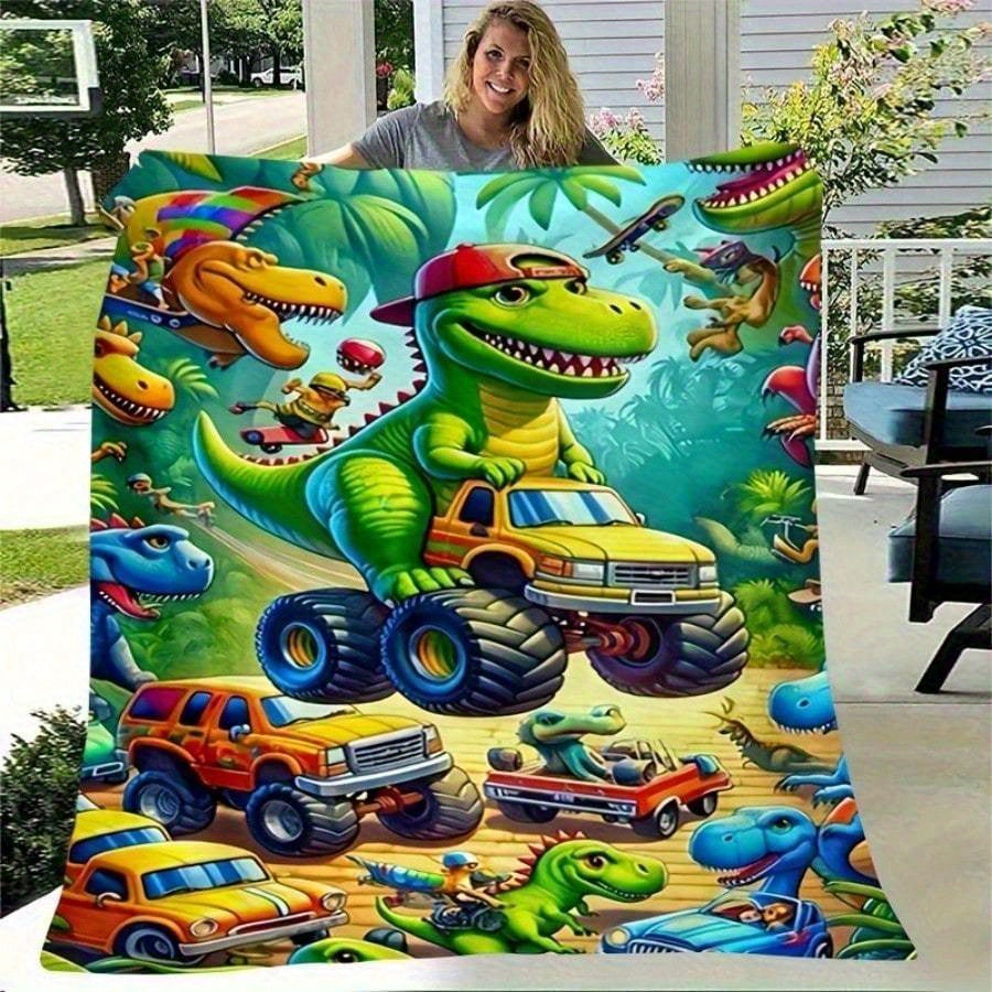 Vibrant Dinosaur Truck Flannel Blanket - 280gsm Heavyweight 100% Polyester All-Season Soft & Durable, Cartoon Dinosaur Design with T-Rex, Triceratops