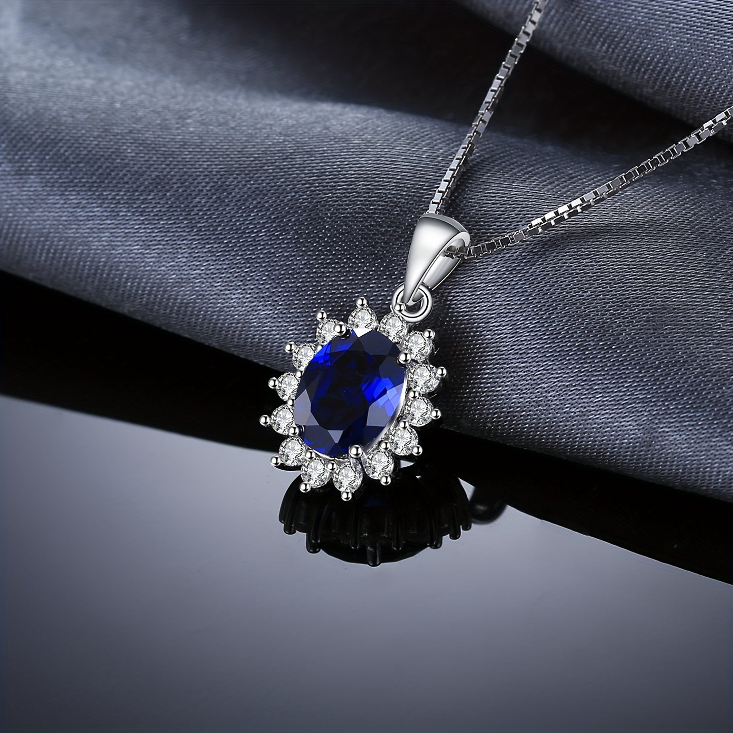1pc 925 Sterling Silver Elegant And Glamorous Classic Design Exquisite Multi-faceted Oval Cut Created Blue Sapphire Birthstone Silvery Pendant Necklace For Women For Prom Party Banquet For Dating Gift Fine Jewelry