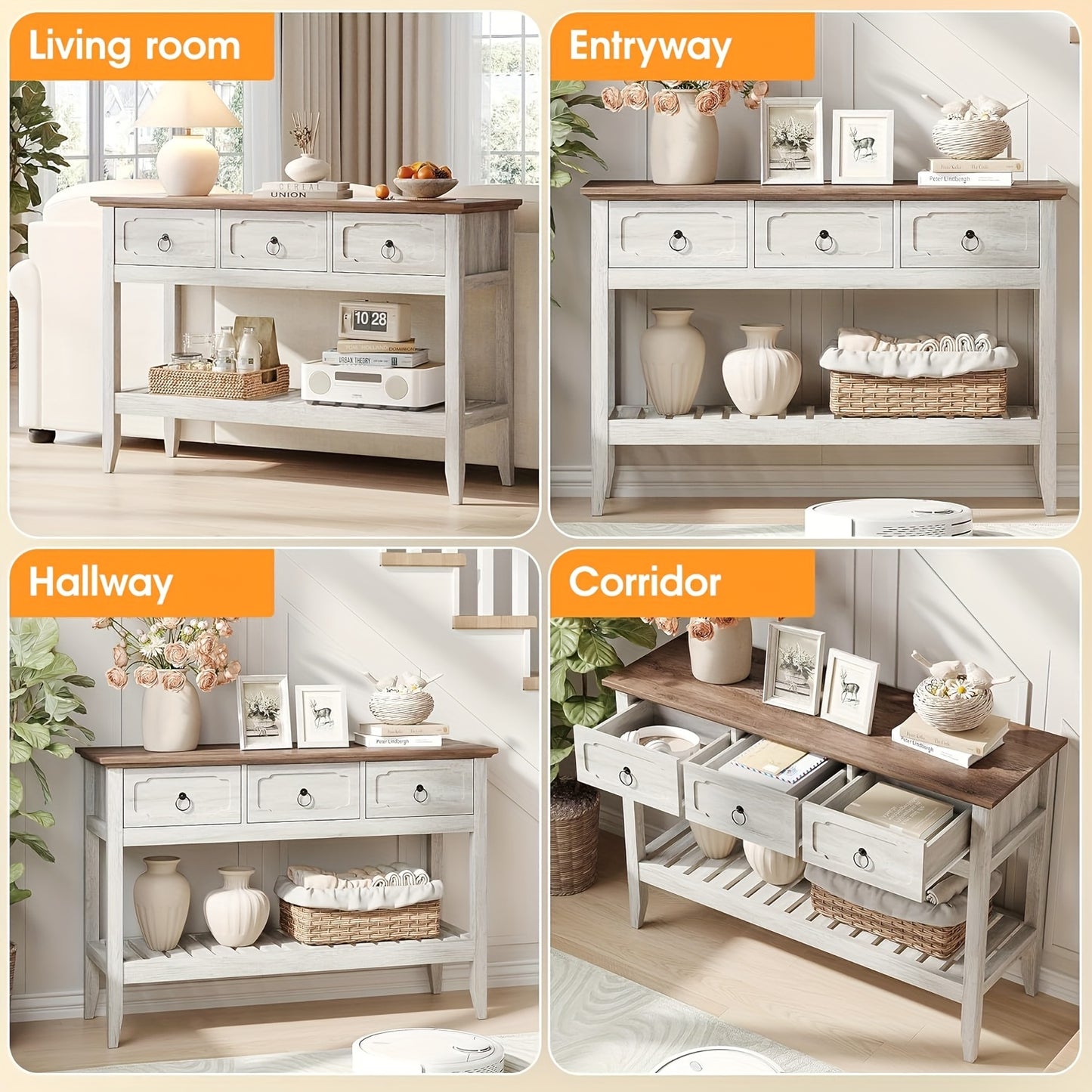 Console Sofa Table With Large Storage Space, 3 Drawer Entryway Table, Open Shelf, Behind Couch Entry Foyer Hallway Storage, Narrow Long Behind Couch Sofa Table For Living Room, Foyer, Hallway