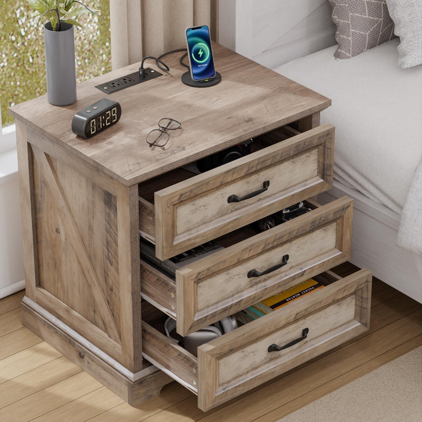 Wooden Bedside Table Featuring a Charging Station, Equipped with Three Drawers And Metal Handles, Perfect for Bedroom Storage.