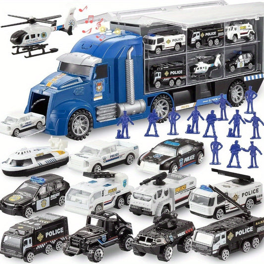 SYNCFUN 25in 1 Police Rescue Truck Car Toy Set with Sounds and Lights, Mini Vehicles in Carrier Truck, Play Police Patrol Rescue Vehicle Toy, Birthday Gifts for Over 3 Years Old Boys