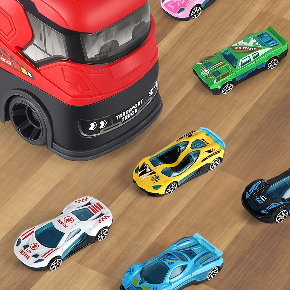 Battery-Powered Red Double-Decker Truck with Foldable Ejectable Track - 6 Alloy Mini Cars Included - Push Operation Playset for Ages 3+, Ideal Birthday, Halloween, Easter Gift