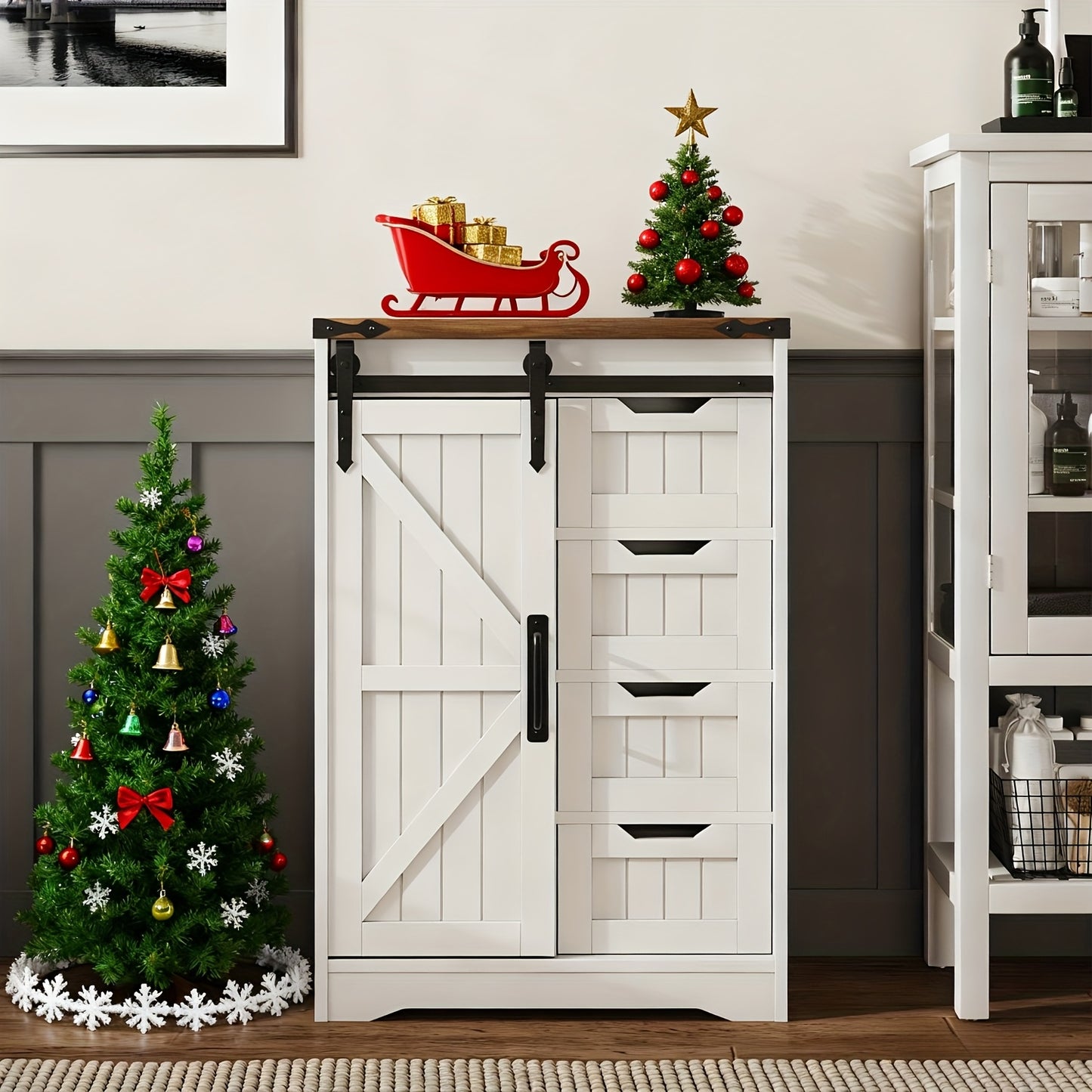 Farmhouse Bathroom Floor Storage Cabinet | 4 Small Drawers for Easy Sorting, Hardwood, White, VABCHES