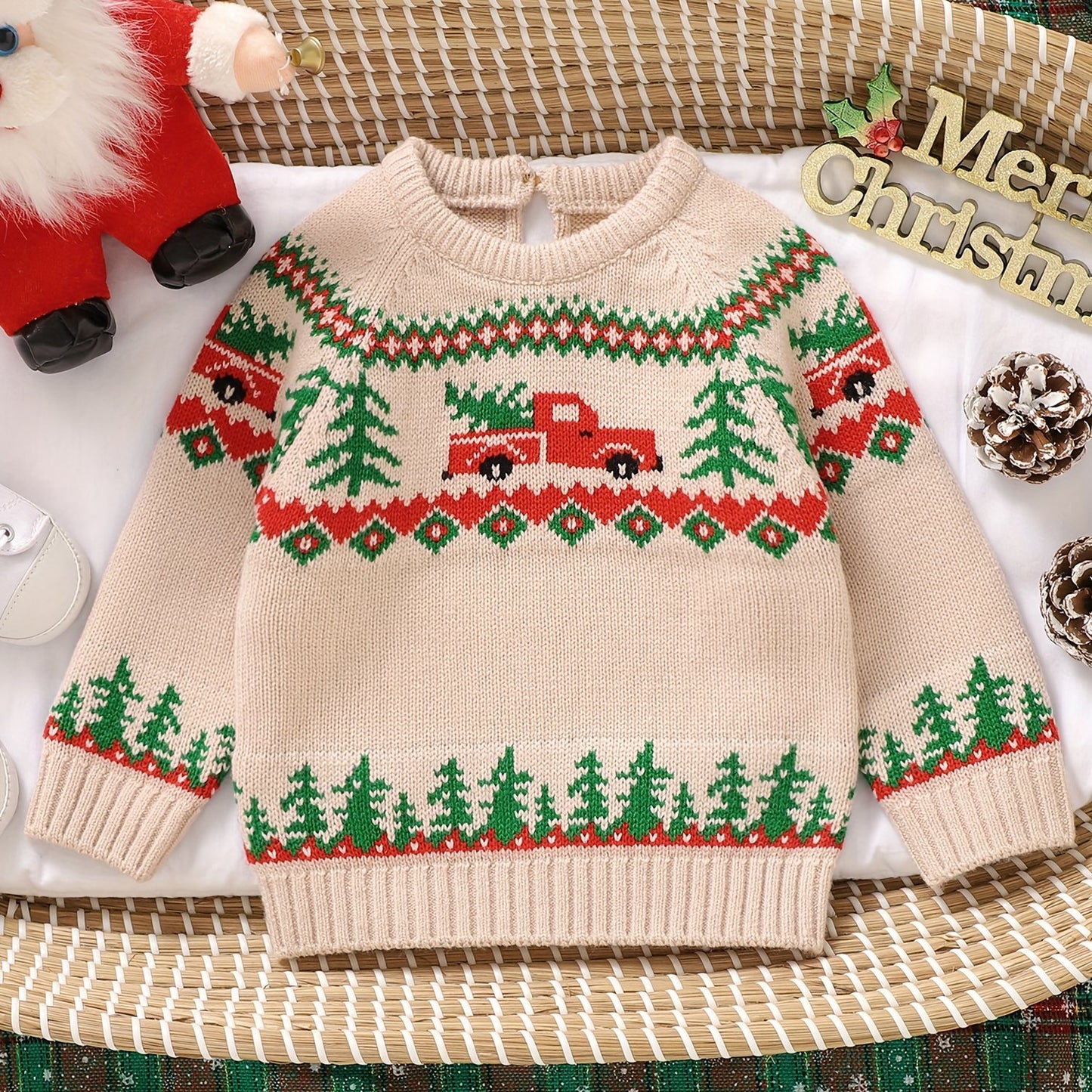 ESZNGD & Christmas Sweater - Red Truck & Reindeer Print Pullover, Soft Long Sleeve Crewneck Winter Sweater with Truck Driver Theme, Cozy Loose Fit for (Unisex Holiday Outfit)