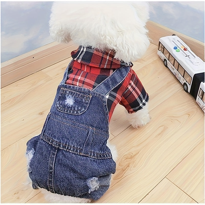 Internet Celebrity Autumn and Winter Fashion Brand Plaid Imitation Denim Pet Poodle Teddy Bear Bichon Frise  Dog Clothes