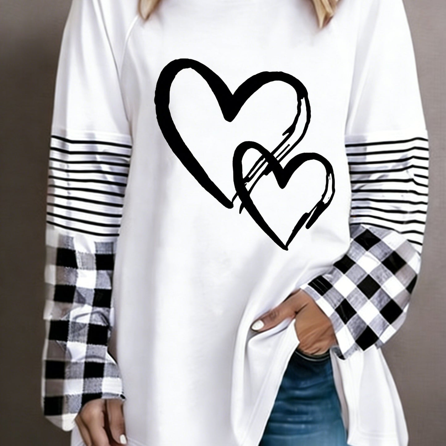 Plus Size - Plus Size - A Women'S Casual Long-Sleeve T-Shirt Featuring a Heart-Shaped Design, Made from Fabric, with a Round Neck Style, Part of The Autumn And Winter Collection, Available in Large Loose Sizes from 0XL to 9XL