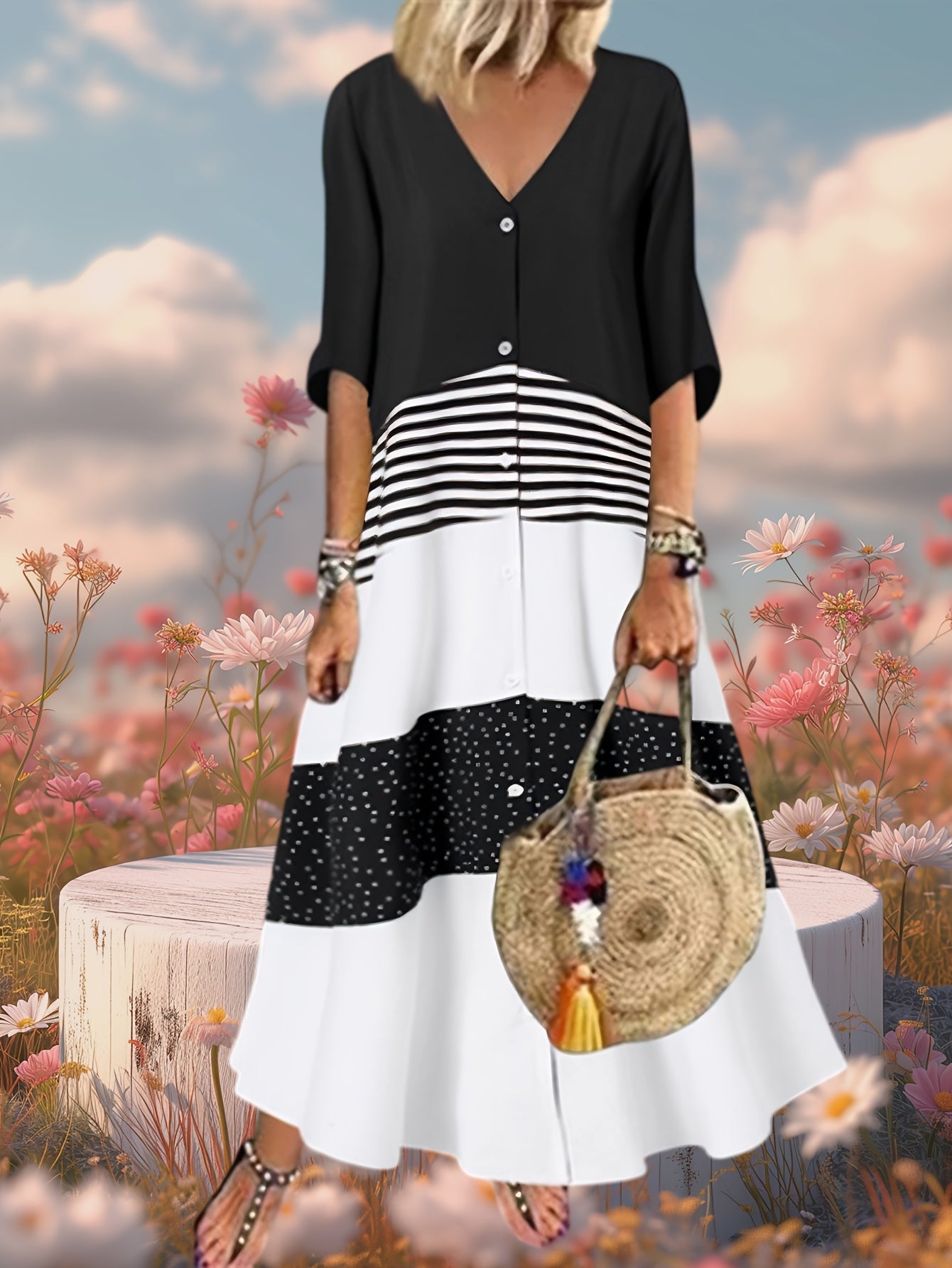 Plus Size, Oversized Women's V-neck Short Sleeved Printed Dress, Button Casual Contrasting Mid Length Skirt