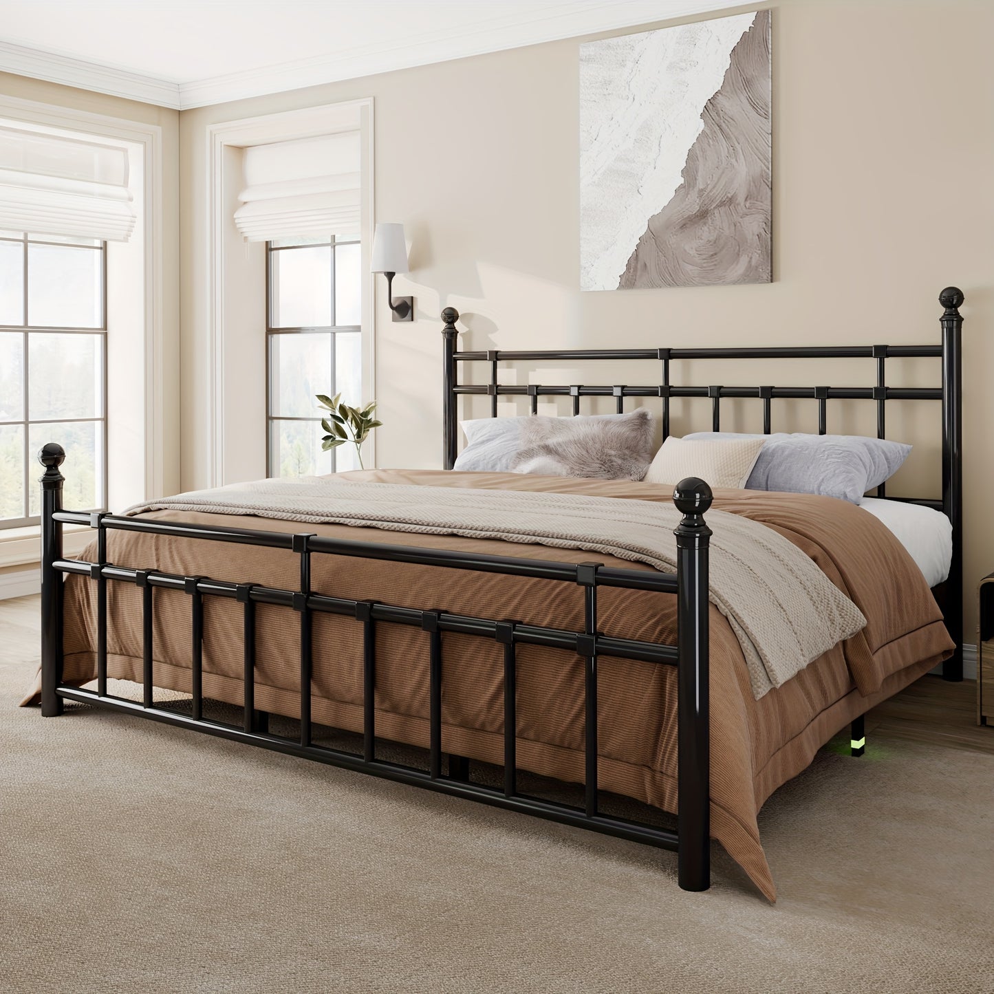 Heavy-Duty Metal Bed Frame, Platform Bed with Classic Wrought Iron-Art Headboard And Footboard, 12" Underbed Space, Easy Assembly, Black, Bed Frame Without Mattress