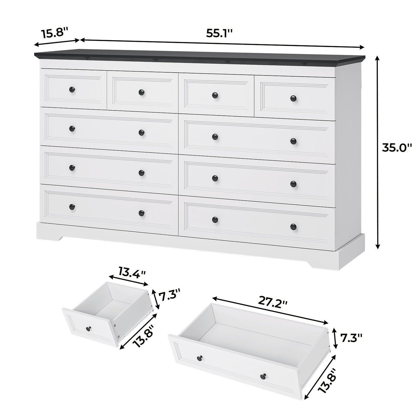 55" Wide 10-Drawer Metal Dresser - Modern White & Black Chest of Drawers, Freestanding Storage Cabinet for Bedroom, Living Room, Entryway, Easy Assembly, Compact Design Under 27" Height