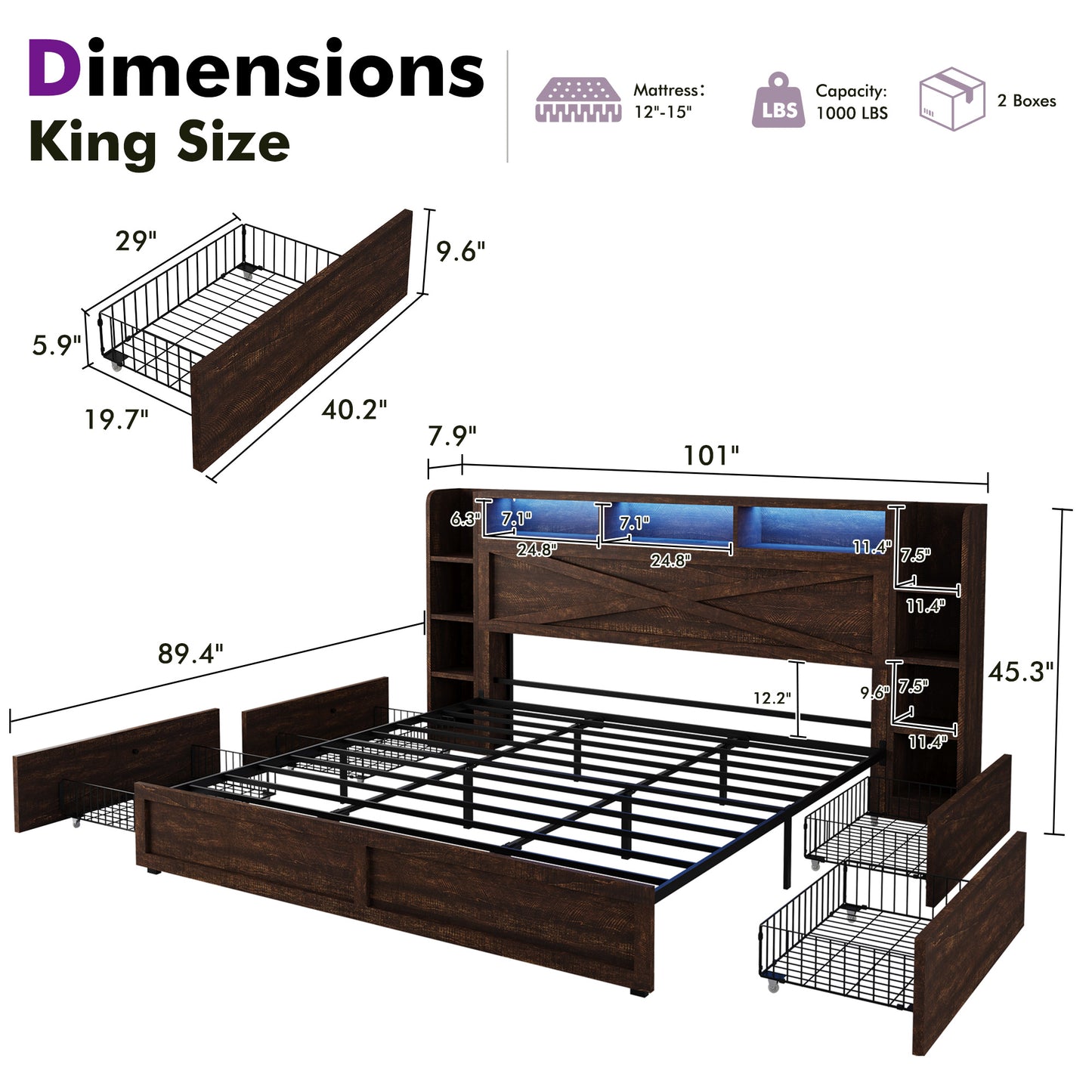 LUXOAK Rustic Farmhouse Platform Bed with Storage Headboard | Detachable Side Cabinets Drawers, LED Lighting, Hardwood and MDF Construction, Plug Powered, 125V, Pre-Assembled