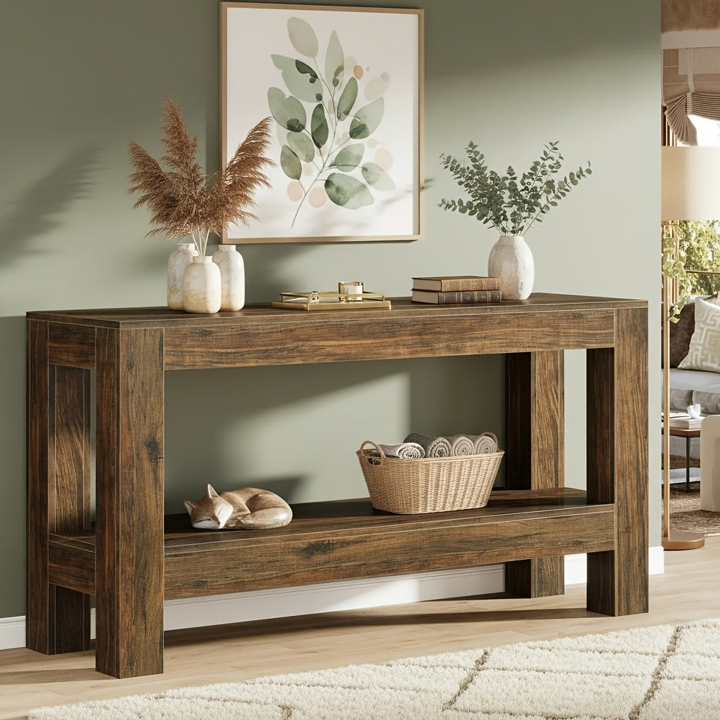 63-Inch Narrow Long Console Table | Farmhouse Wood Entryway Table For Hallway, Sofa, Entry, Entrance, Foyer, Behind Couch With 2-Tier Shelves, Brown, Byblight