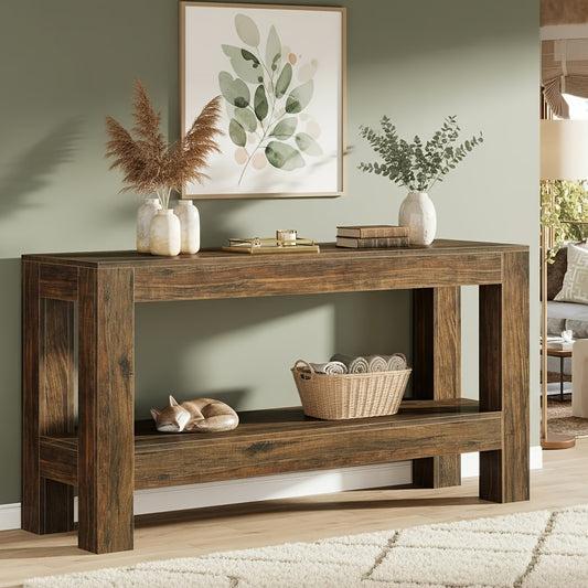 63-Inch Narrow Long Console Table | Farmhouse Wood Entryway Table For Hallway, Sofa, Entry, Entrance, Foyer, Behind Couch With 2-Tier Shelves, Brown, Byblight