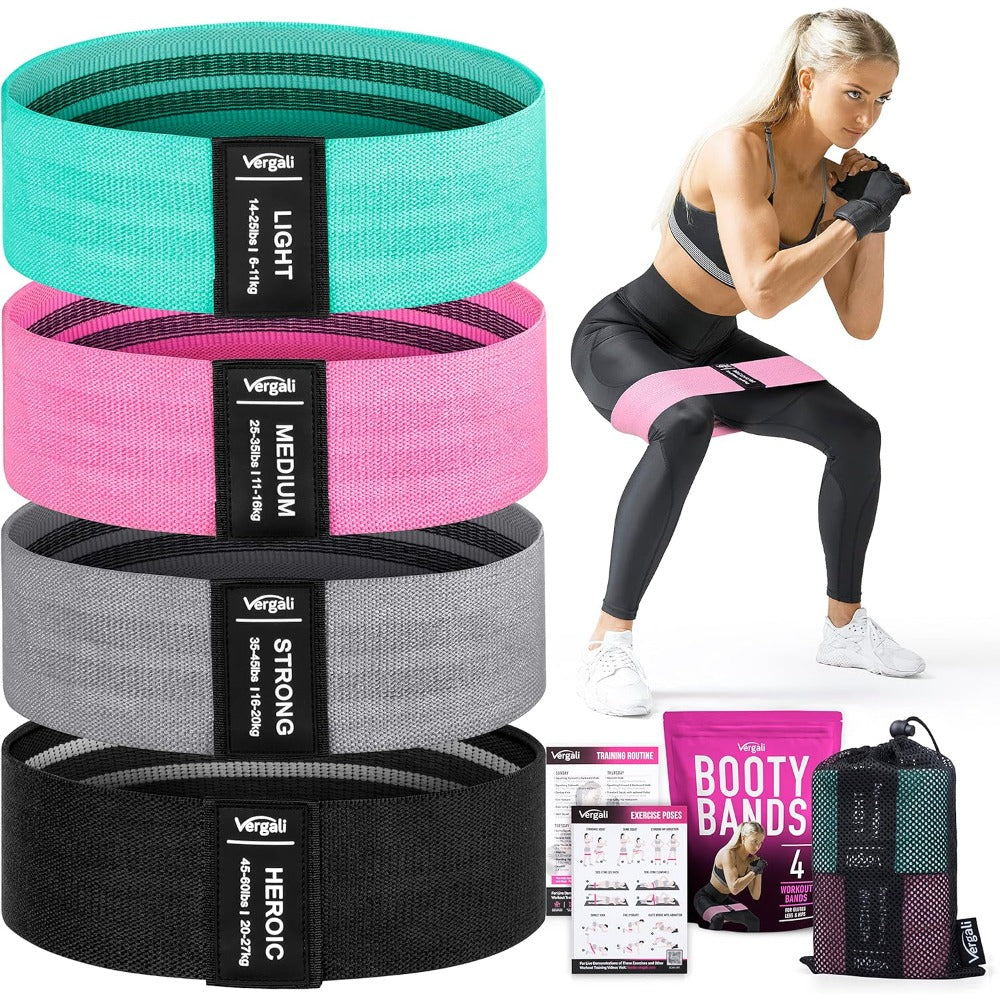 Exercise with Resistance Bands Using Our Comprehensive Guide. This Set Includes Four Fabric Elastic Booty Bands Suitable for Both Women And Men, Designed for Leg Workouts And Targeting The Hips, Thighs, And Glutes