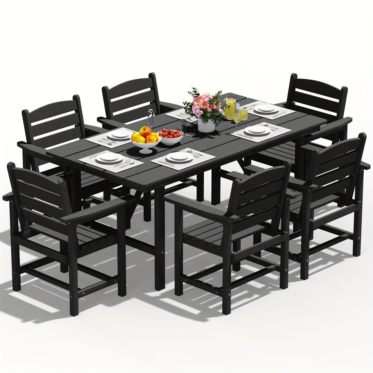 Outdoor HDPE Dining Set, 7pcs Outdoor Furniture with Large Table& 6 Chairs, All-Weather Patio Dining Set for Lawn, Garden, Backyard, Poolside
