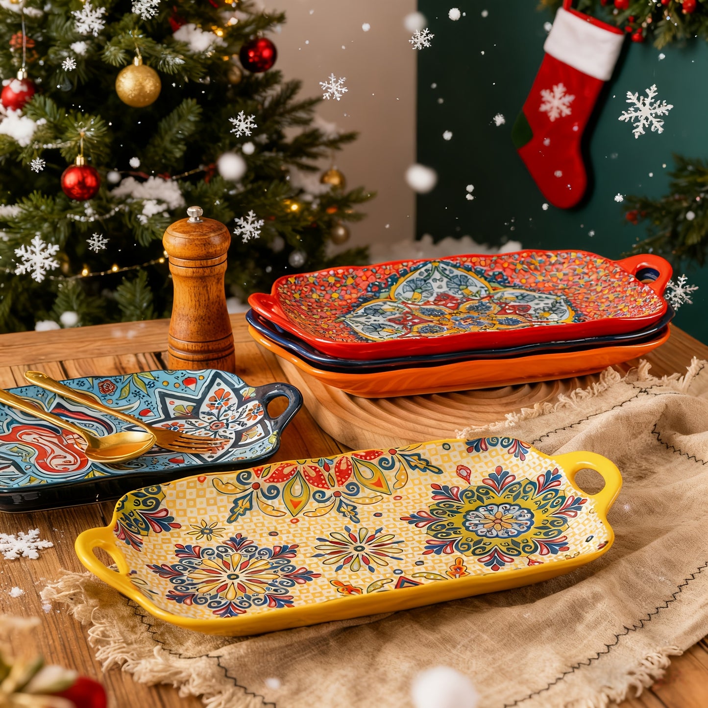 TAUFIKT Set Of 4 Large Rectangular Bohemian Ceramic Fish Plates - Elegant Steamed Fish Plates for Home, Kitchen And Restaurant - Durable, Easy-to-clean, Space-saving Design Can Be Used for Christmas, Valentine's Day, Thanksgi