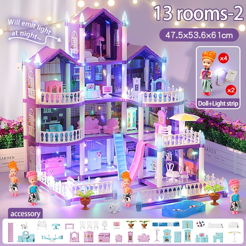 Doll House For Girls, 11 Rooms Dollhouse With Dolls Figure, Puppies, Furnitures, Accessories, LED Light, Playhouse Gift For For 3 4 5 6 7 8 9 10 Year Old Girls Toys