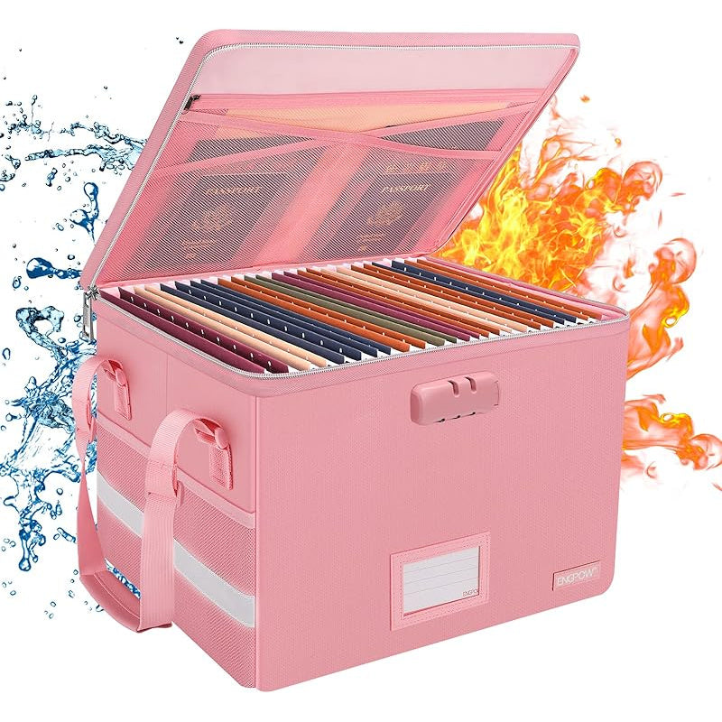 Fireproof Document Storage Cabinet with Lock - Heavy-Duty Collapsible File Organizer Box with Mesh Pockets & Hanging System, Portable File Cabinet with Handle for Home Office, Legal/Letter Folders, Secure Locking Mechanism, S