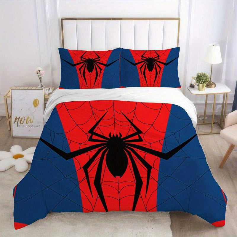 3pcs Spider Web Design Bedding Red Blue Duvet Cover, Trendy Modern Spidey Pattern Print Comforter, Cool Decorative Bedroom Collection Soft Microfiber Bed for Teen Room Home Decor 1 Duvet Cover+2 Pillowcases