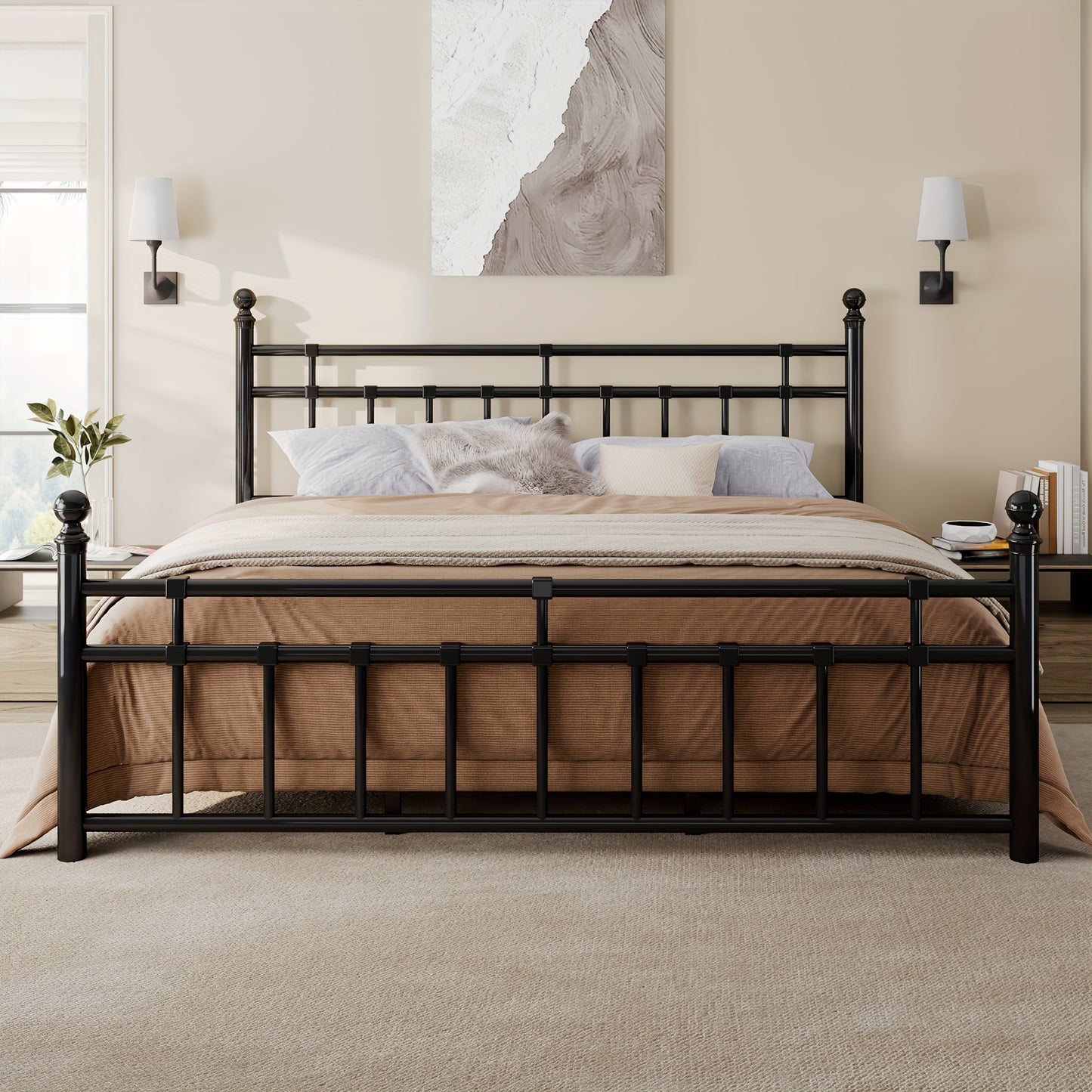 Heavy-Duty Metal Bed Frame, Platform Bed with Classic Wrought Iron-Art Headboard And Footboard, 12" Underbed Space, Easy Assembly, Black, Bed Frame Without Mattress