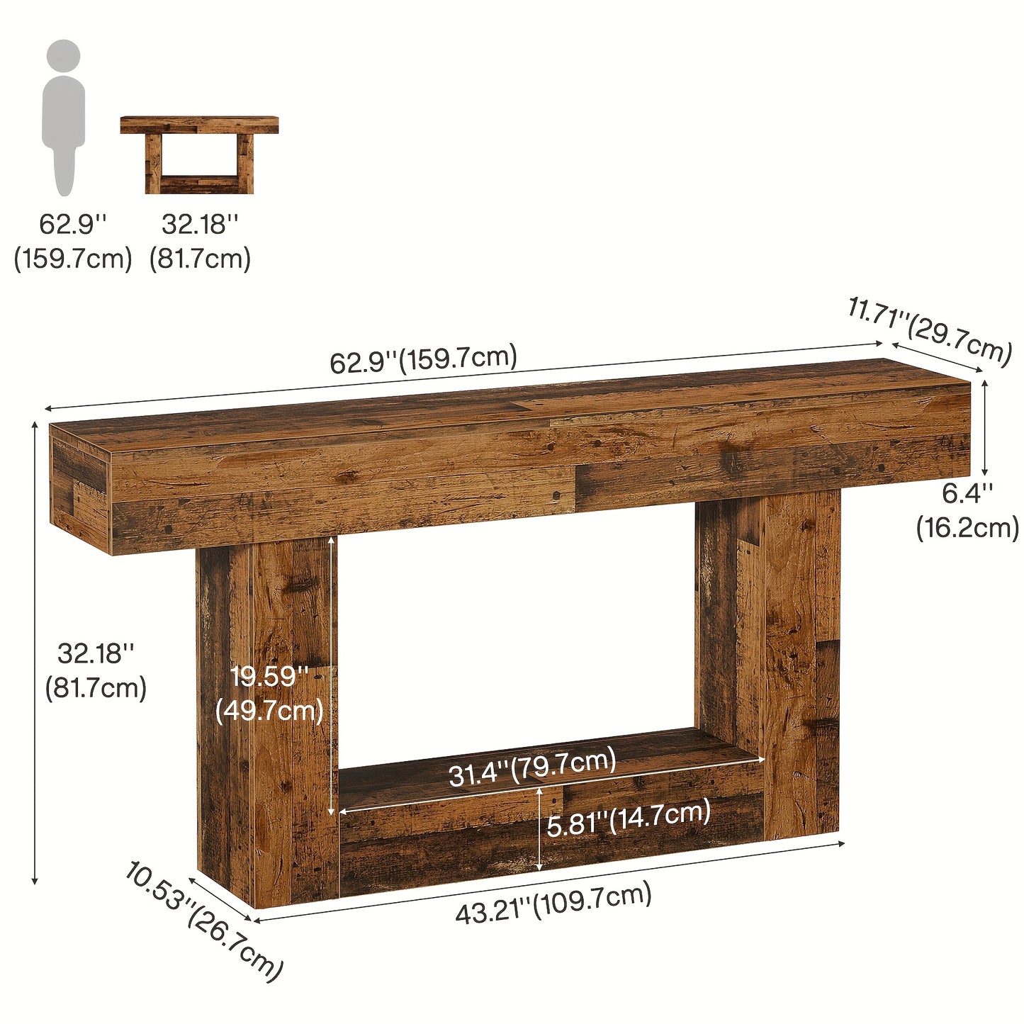 63-Inch Long Console Table, 2-Tier Entryway Table Sofa Table with Storage, Farmhouse Wood Behind Couch Table for Living Room, Hallway, Rustic Mixed Brown