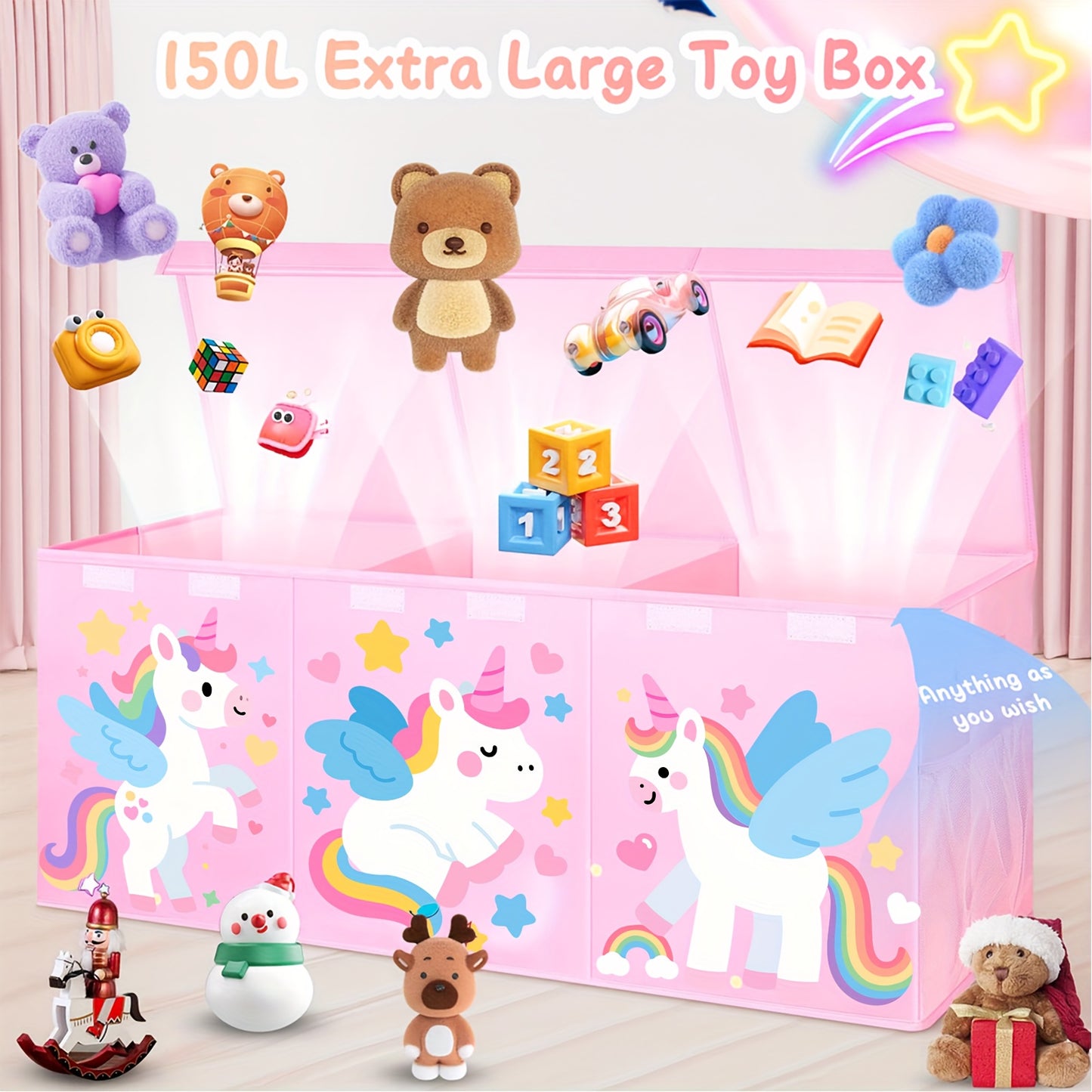 Extra Large Collapsible Toy Box with Lids - Sturdy Storage Organizer for Toys, Black Pink Chest Bin for 14+ Boys & Girls, Perfect for Playroom, Bedroom, Nursery, Toy Storage Organizer, Playroom Organizer - Vibrant Illustratio