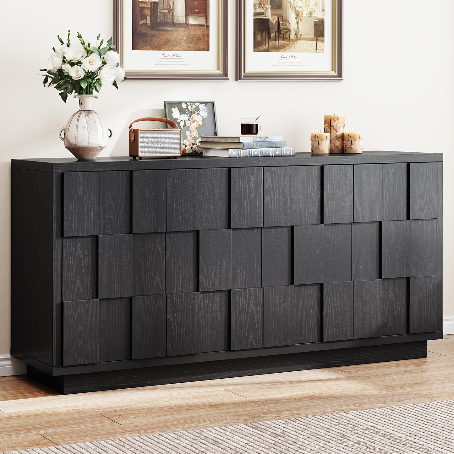 60" Mid-Century Modern Farmhouse Buffet Cabinet - Stylish & Functional Storage Credenza with Coffee Bar Station, Adjustable Shelving & Artisan-Crafted Asymmetric Design for Living Room Kitchen Entryway, Black