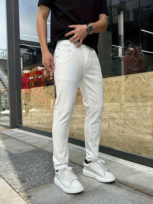 Men's White High Quality & Stretch Slim-Fit Jeans - Minimalist Straight-Leg Tapered Pants with Beltless Design, Mid-Rise & Built-In Zipper Closure, Machine Washable Casual to Formal Wear (All-Season) - Versatile Everyday Jean