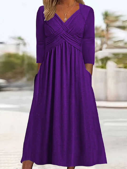 Elegant V-Neck Long Sleeve Midi Dress with Double Pockets and Ruched Detail, Stretchy Polyester Blend, All-Season Wear for Women - Gray, Elegant Event Attire | Vneck Dress | Medium Stretch Fabric