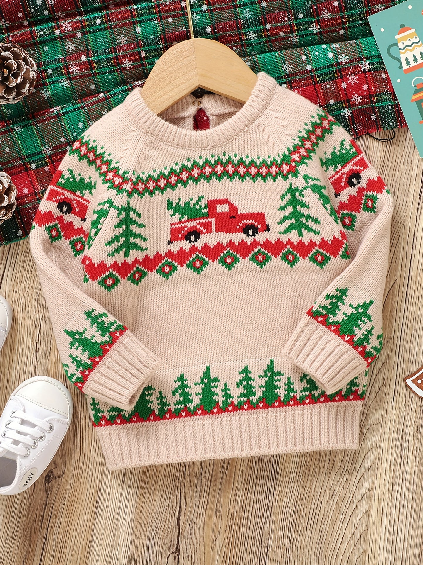 ESZNGD & Christmas Sweater - Red Truck & Reindeer Print Pullover, Soft Long Sleeve Crewneck Winter Sweater with Truck Driver Theme, Cozy Loose Fit for (Unisex Holiday Outfit)