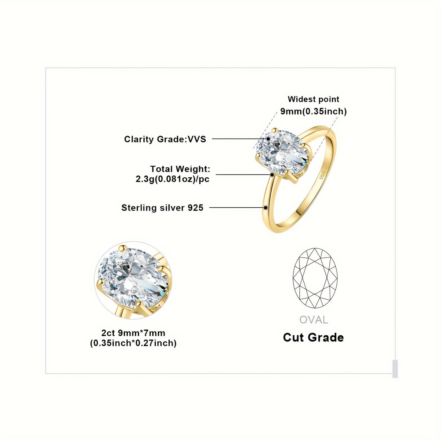 1pc Moissanite 1ct&2ct 925 Sterling Silver Elegant And Luxury Exquisite Oval Cut Synthetic Moissanite Wedding Engagement Solitaire Ring for Woman for Girl for Dating Gift for Daily Decoration Fine Jewelry