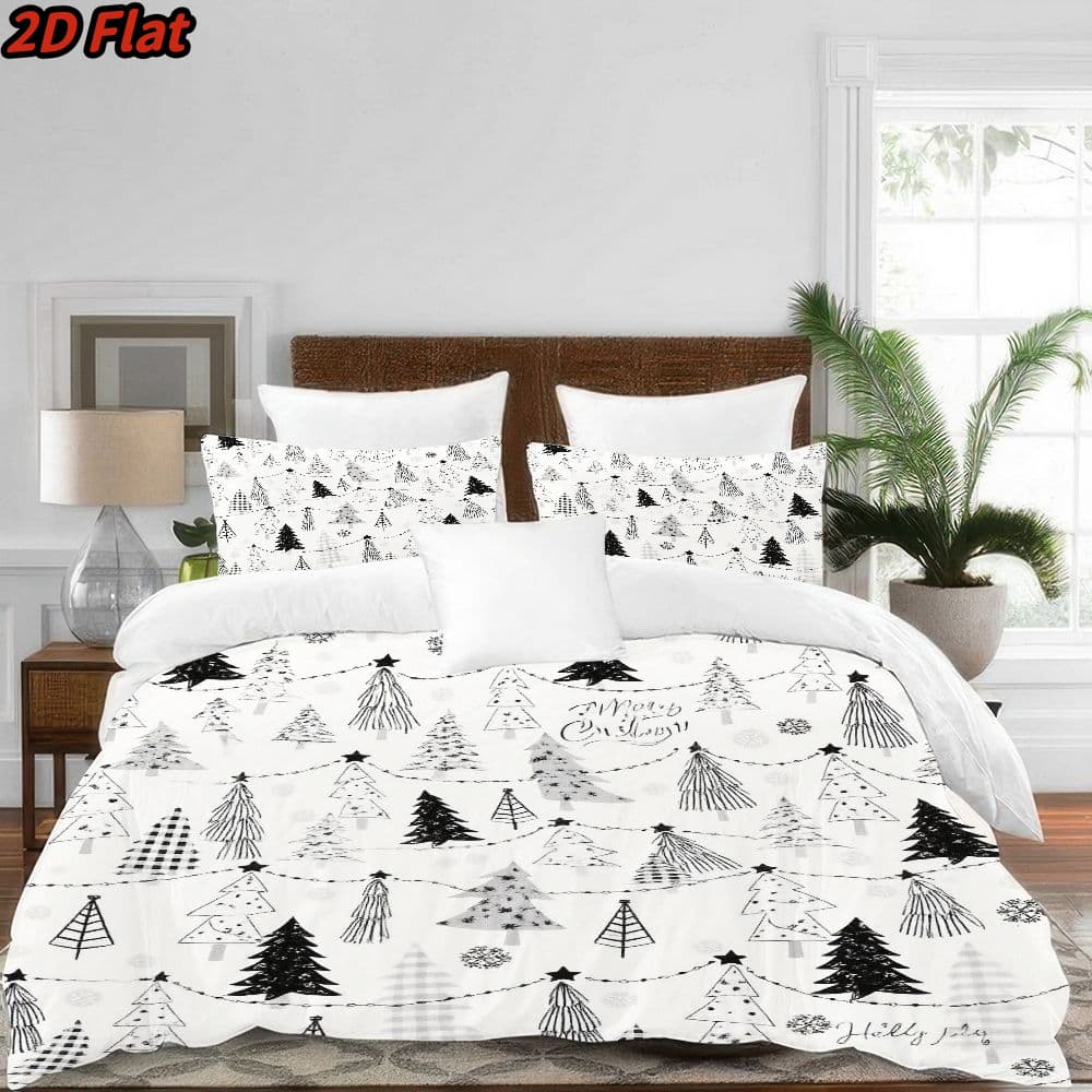 3pcs 2D Flat Christmas Tree Pattern Duvet Cover - Winter Holiday Themed Bedding, Black White Sketch Design, Soft Microfiber Fabric, Zippered Closure, Easy Care Washable Comforter for Bedroom Decor, All-Season 1100% polyester