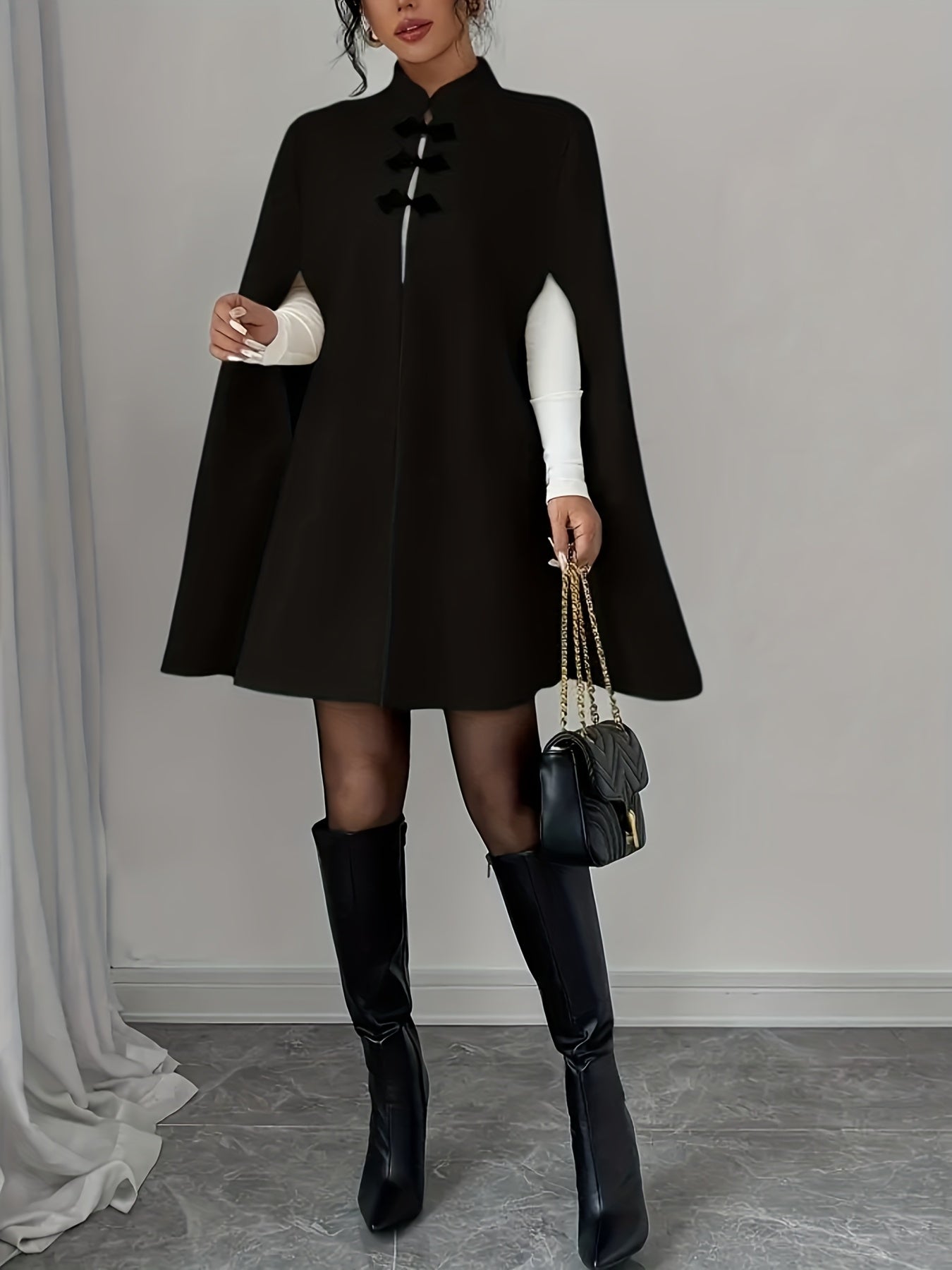 Plus Size, Plus Size Women's Elegant Chinese Cape Coat - Winter Thick Jacket with Stand Collar & Mandarin, Front Closure, Belted Waist, Machine Washable Outerwear for Weddings, Parties, Professional (Warm Coat)