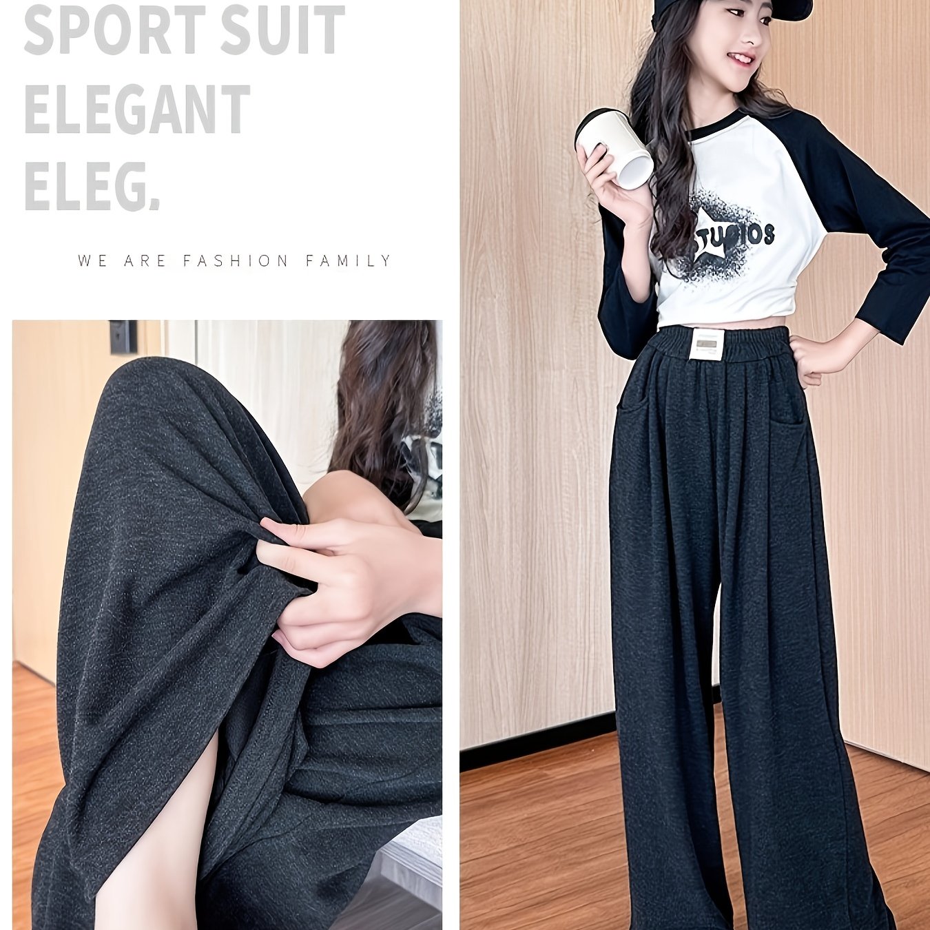 Girls 6-12 Years Wide-Leg Trousers - Stretchy Wrinkle-Resistant Pants with Adjustable Waist & Pockets, Soft Straight-Leg Leggings for School, Semi-Formal & Casual Attire (Navy Blue/Black) - Comfortable Stretch Fabric (Hand Wa