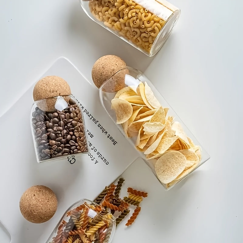 3pcs Glass Storage Container With Spherical Cork Stopper, 17 Oz/500ml Glass Jar, Perfect For Storing Tea, Flowers, Nuts, Candies, Etc. - A Must-have For Kitchen Organizing