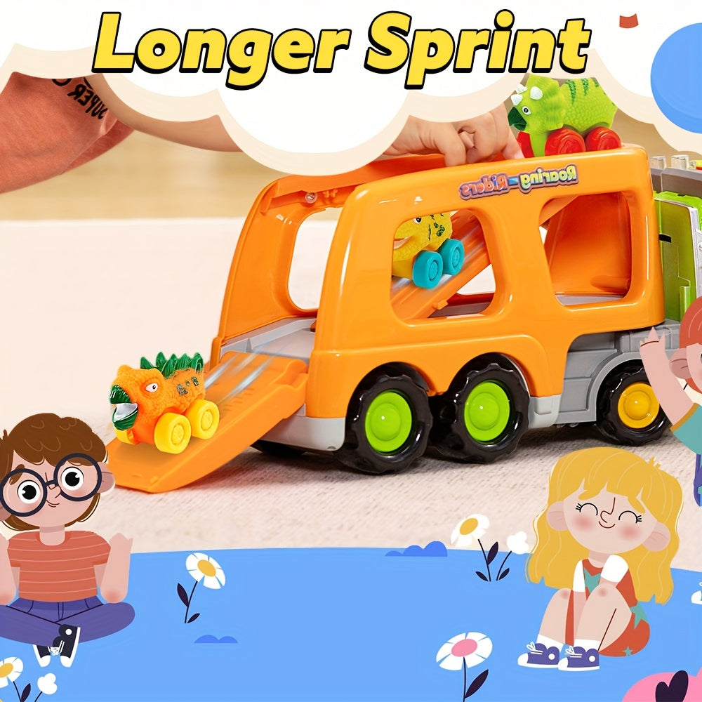 Dinosaur Truck toy for Kids, Dinosaur Car Carrier Truck with 6 Rubber Car Vehicles, Birthday Party Gifts with Music & Lights for boys and girls