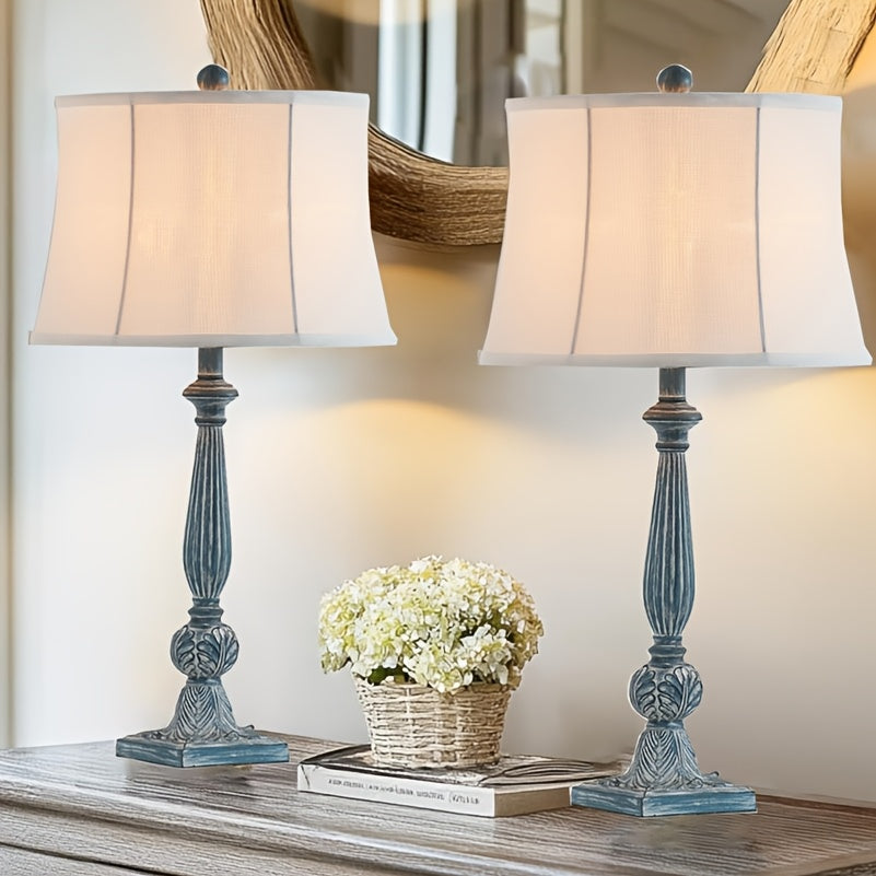 2pcs Farmhouse Table/ Matching Rustic Bedside Lamps - 3-Way Dimmable End Table with Adjustable Knob Dimmer & Bell Shade, Resin Nightstand Lamps Suitable for Living Room, Bedroom, Office