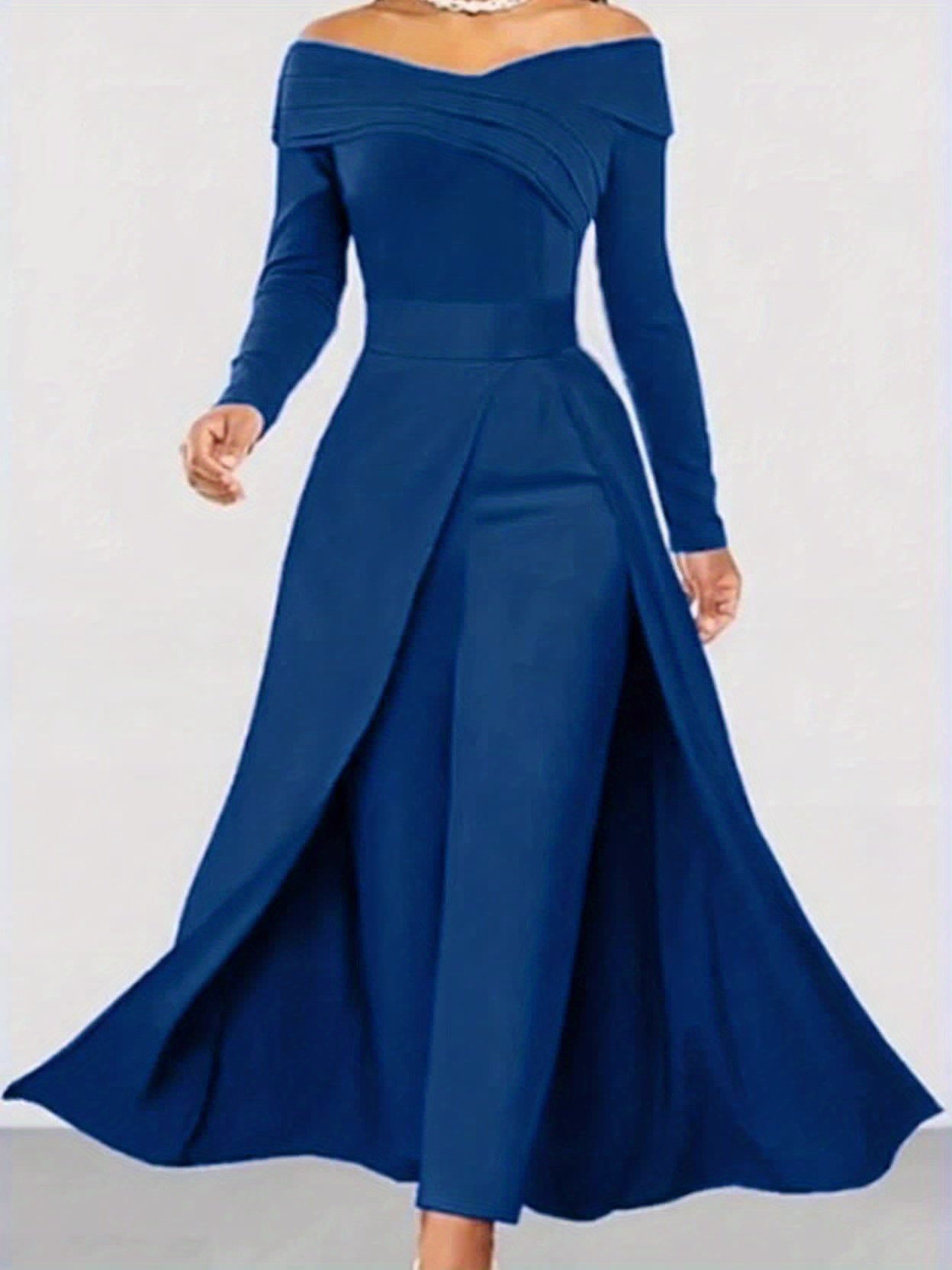 Women's Elegant Off-Shoulder/Boat Neck Two-Piece Set - Solid Color Beige/Black/Navy Blue Tailored Pantsuit, Structured Blazer & Matching Trousers, Machine Washable Autumn to Semi-Formal Attire (No Dry Clean)