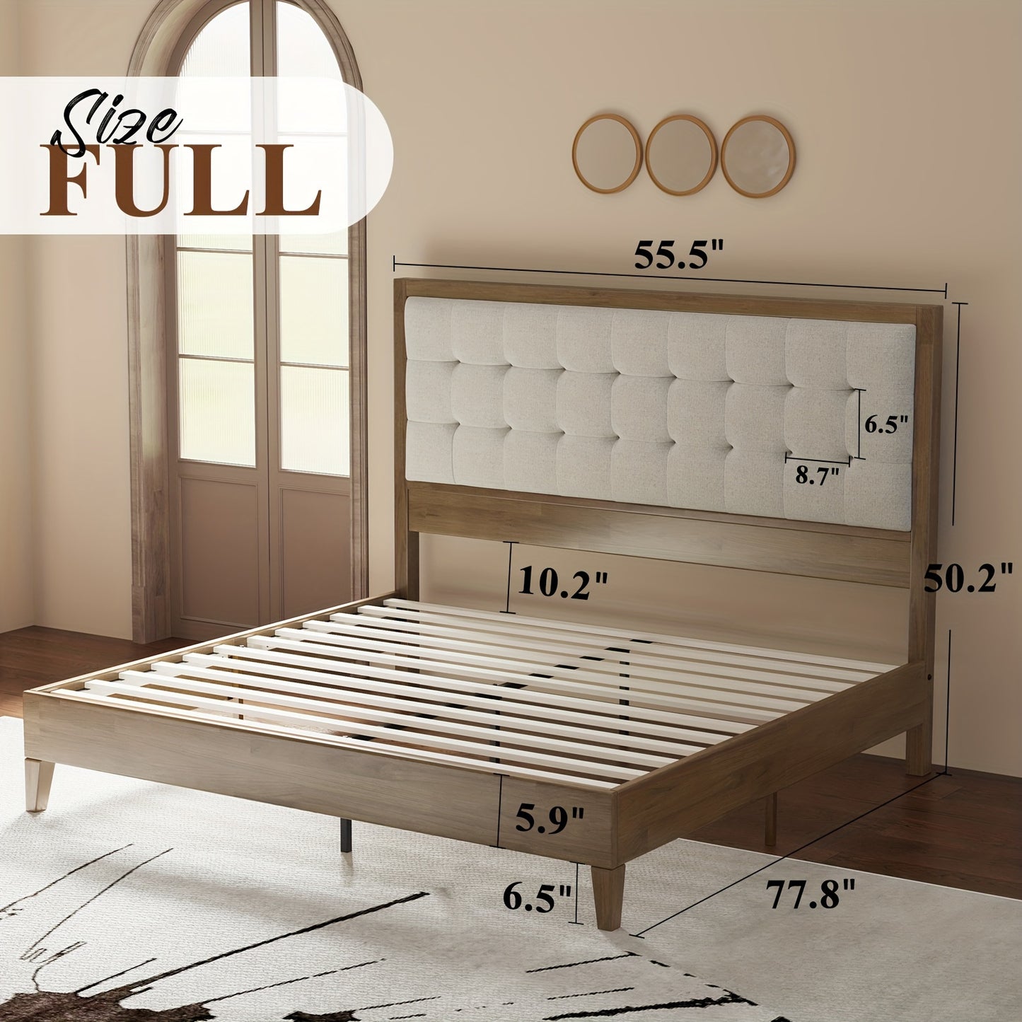 LUXOAK Wood Platform Bed with Upholstered Tufted Headboard, Box Spring-Free, Sturdy Solid Wood Frame