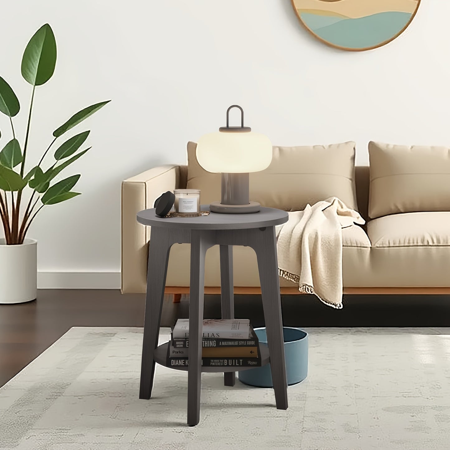Side Table,  Round End Table with Lower Shelf, Nightstand for  Spaces, Living Room, Bedroom