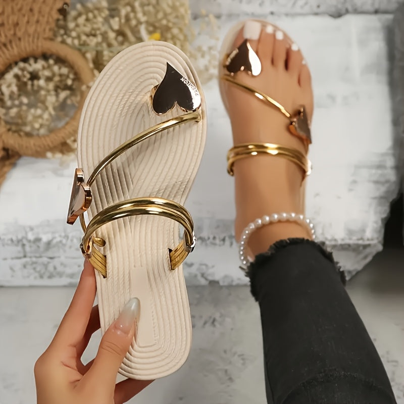 2025 Summer New Style Women'S Elegant Simple And Fashionable Flat Slippers, Solid Color Love-Decorated Beach Sandals, Rubber Sole