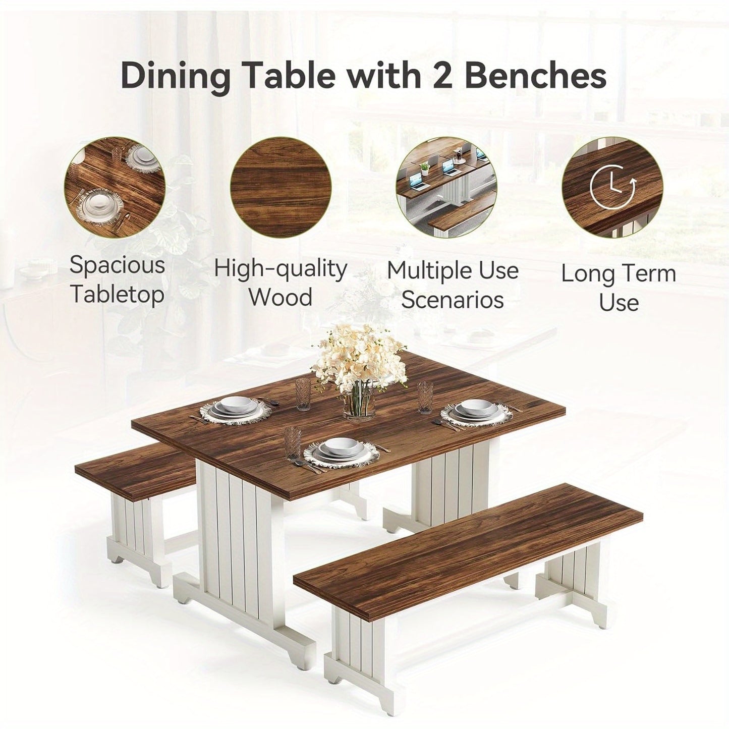 4-Person Dining Table Set with 2 Benches - Modern Kitchen Table with MDF Board, Space-Saving Dinette for Kitchen, Dining Room, Brown and White, Contemporary Style, No Electricity Needed, Dining Table for 4, Kitchen Table, Min