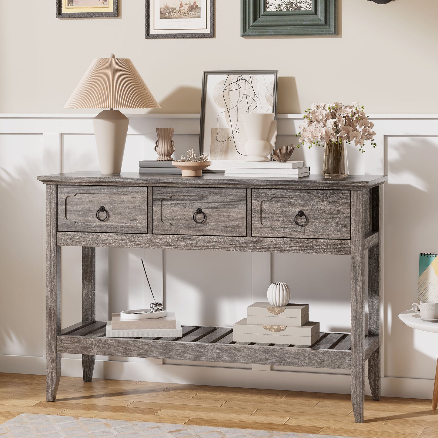 Console Sofa Table With Large Storage Space, 3 Drawer Entryway Table, Open Shelf, Behind Couch Entry Foyer Hallway Storage, Narrow Long Behind Couch Sofa Table For Living Room, Foyer, Hallway